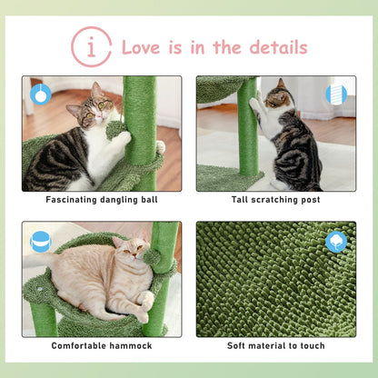 Pawz Road Cactus Cat Scratching Post 33" Large Cat Scratcher with Large Hammock for All Indoor Cats,Green