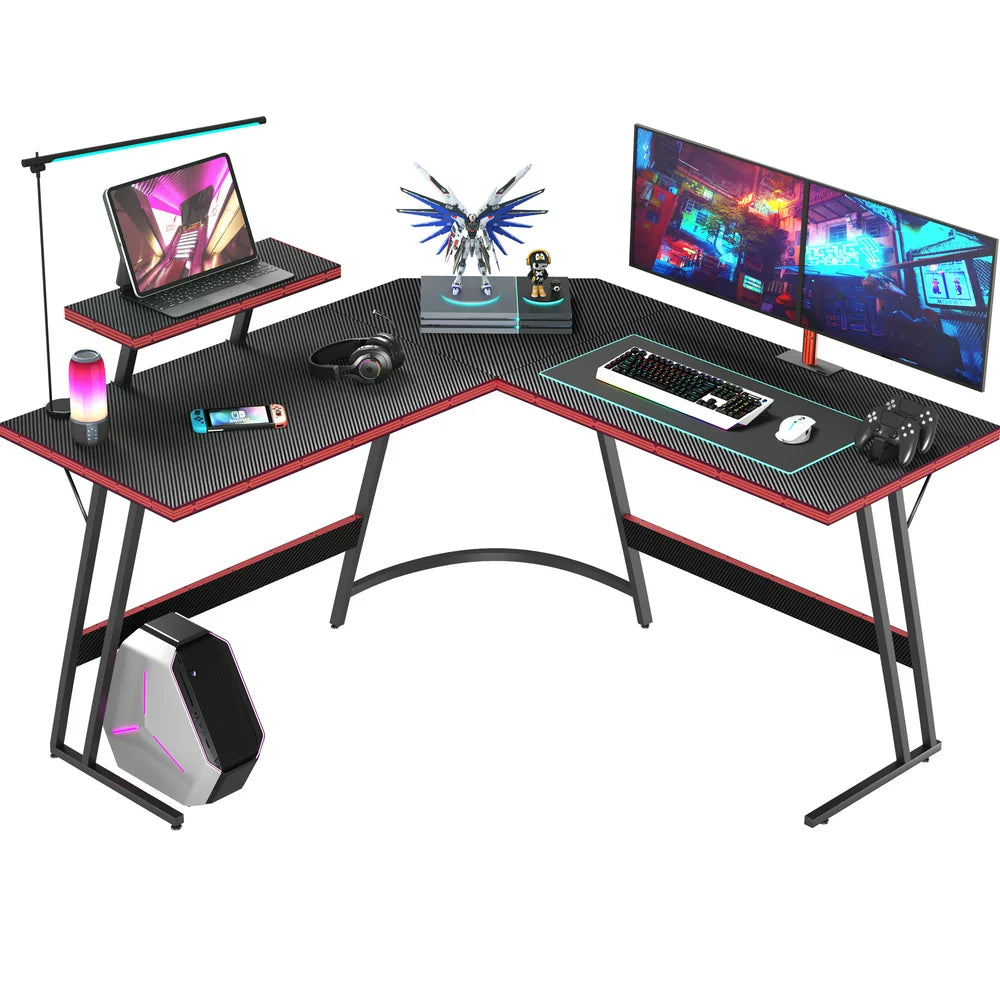 L-Shaped Gaming Desk 51 Inches Corner Office Desk with Removable Monitor Riser, Black