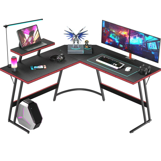 L-Shaped Gaming Desk 51 Inches Corner Office Desk with Removable Monitor Riser, Black