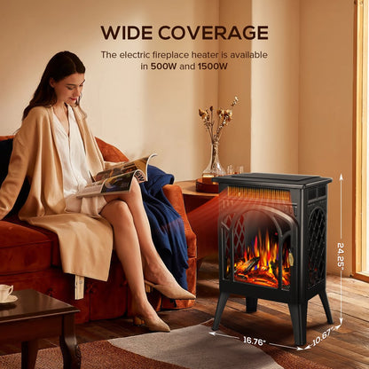 Auseo Electric Fireplace Heater 16", All-metal Frame Freestanding Stove, 3D Flame, Remote Control, 500W/1500W, Black