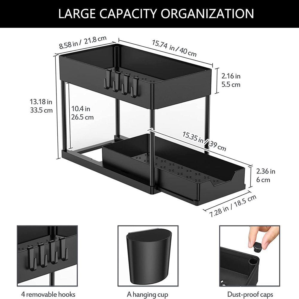 PHANCIR 2-Pack Under Sink Organizer, 2 Tier Multi-Purpose Large Capacity Kitchen Under Sink Organizers And Storage Easy Access Sliding Storage Drawer With Hooks And Hanging Cup For Bathroom Under Sink