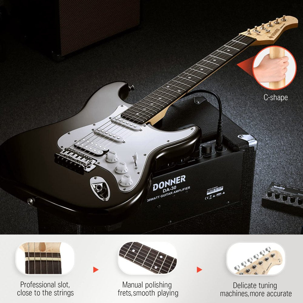  39" Electric Guitar Beginner Kit Solid Body Full Size HSS for Starter, with Amplifier, Bag, Digital Tuner, Capo, Strap, String, Cable, Picks, Black