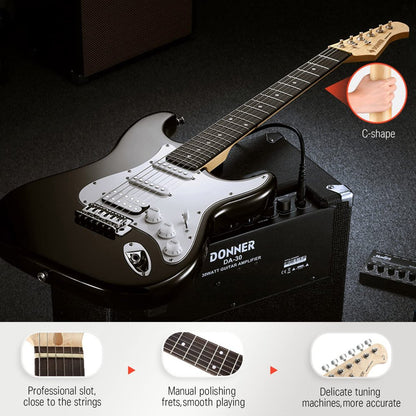  39" Electric Guitar Beginner Kit Solid Body Full Size HSS for Starter, with Amplifier, Bag, Digital Tuner, Capo, Strap, String, Cable, Picks, Black