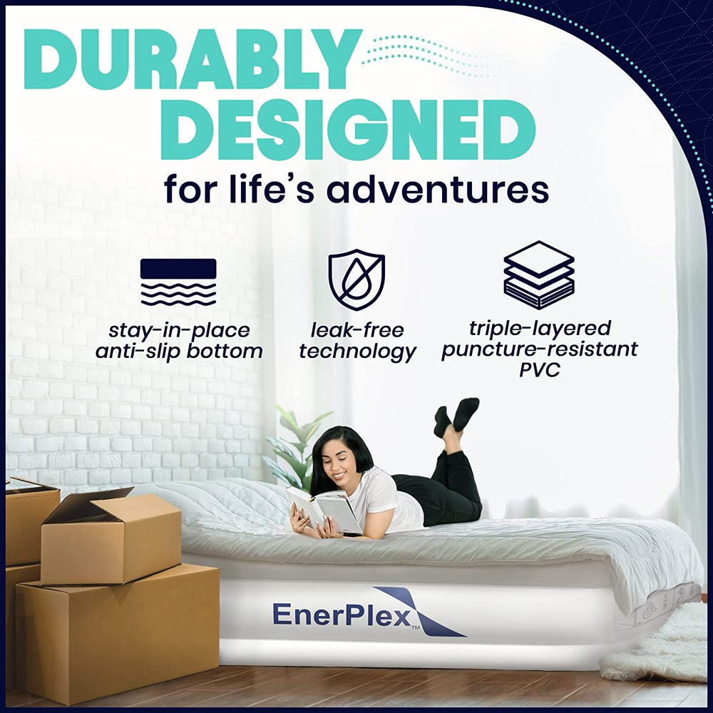 EnerPlex Air Mattress with Built-in Pump - Double Height Inflatable Mattress for Camping, Home & Portable Travel - Queen, 13 Inch