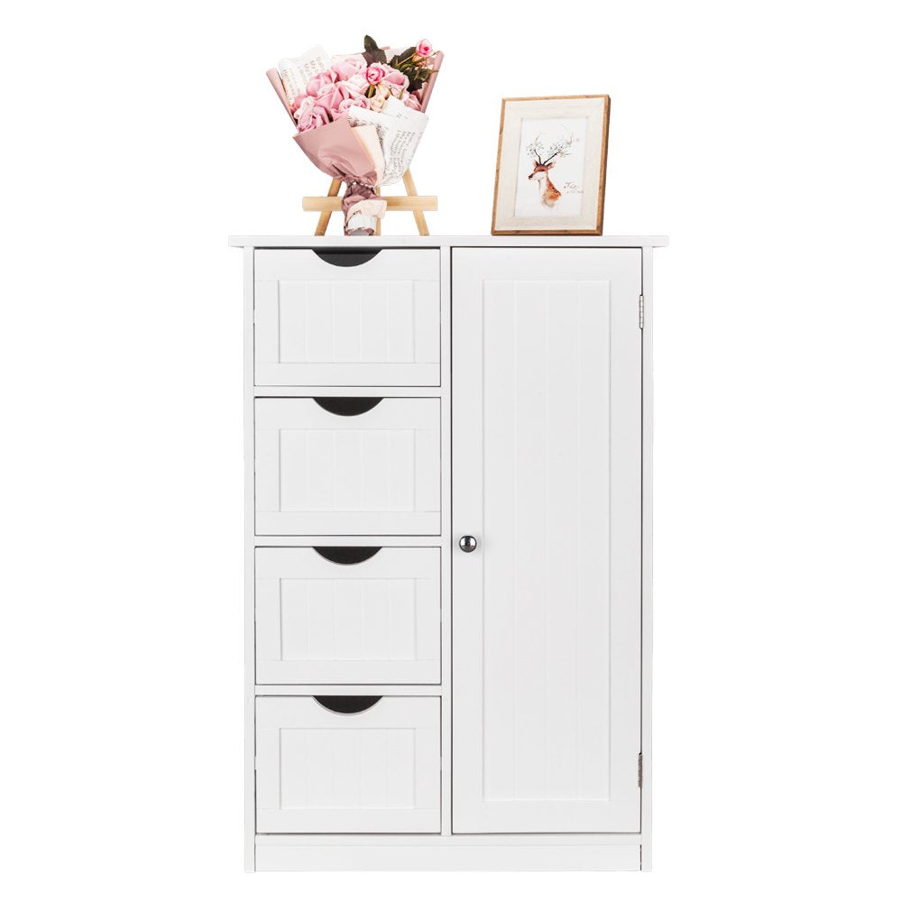 Wooden Bathroom Floor Cabinet,Side Storage Organizer Cabinet with 4 Drawers,1 Cupboard & 2-Shelves,Mdf,White