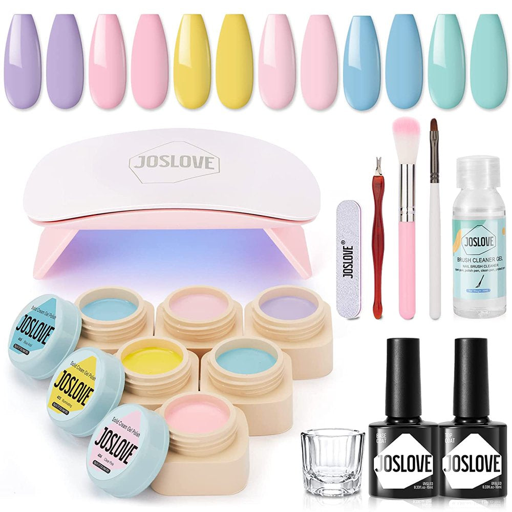 6 Colors Solid Gel Nail Polish Kit with U V Light and Base Top Coat, Nude Collection Cream Pudding Gel Nail Polish Set DIY Home Manicure