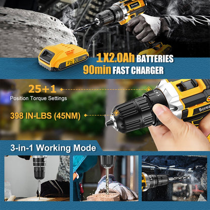 Cordless Drill 21V Drill Driver 3/8'' Electric Power Drill Set for Home Improvement & DIY Projects- Variable Speed Trigger, 2000mAh Lithium-Ion Battery