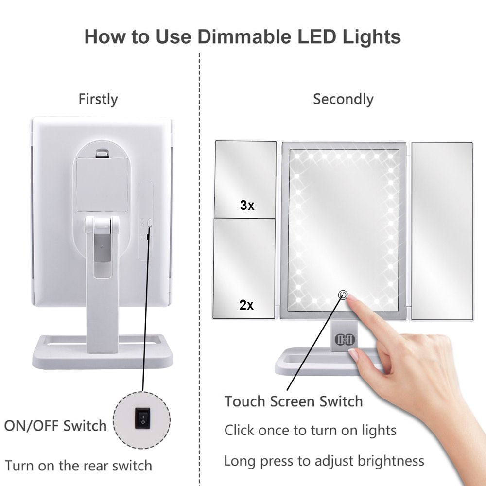 Tri-Fold Lighted Vanity Makeup Mirror with 72 LED Lights, Touch Screen and 3X/2X/1X Magnification, Two Power Supply Modes Make up Mirror,Travel Mirror