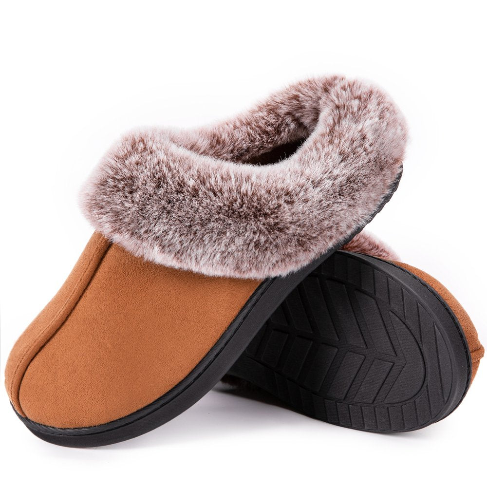 HomeTop Women's Classic Microsuede Memory Foam Slippers Durable Rubber Sole with Warm Faux Fur Collar