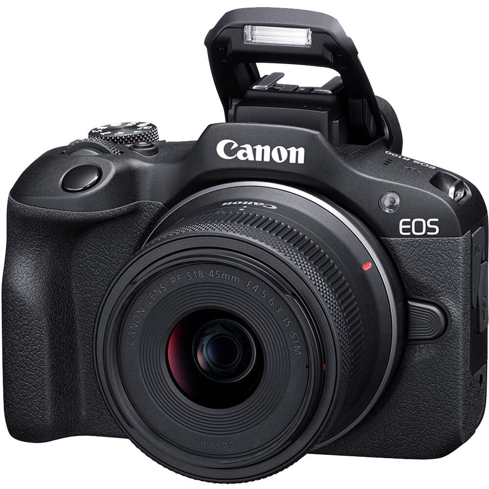 Canon EOS R100 Mirrorless Camera with 18-45mm Lens (6052C012) + Bag + 64GB Card + LPE17 Battery + Charger + Card Reader + Flex Tripod + Cleaning Kit + Memory Wallet International Model