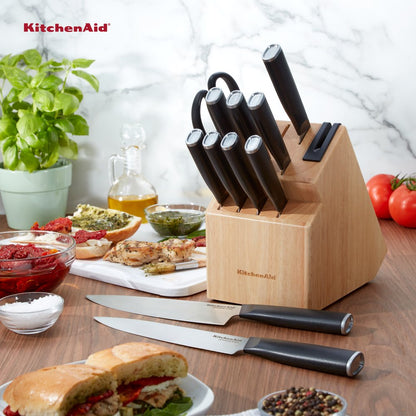 KitchenAid Classic Japanese Steel 12-Piece Knife Block Set with Built-in Knife Sharpener, Black