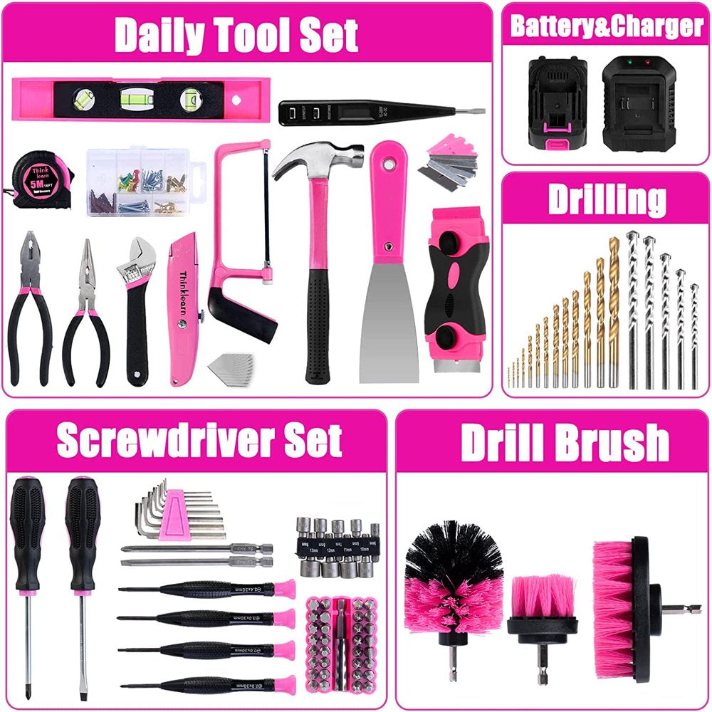 Pink Tool Kit with 20V Cordless Drill(265in-lbs), Pink Drill Set for Women,Lady's Home Tool Kit for DIY