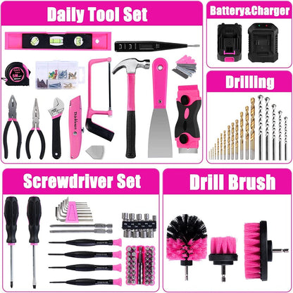 Pink Tool Kit with 20V Cordless Drill(265in-lbs), Pink Drill Set for Women,Lady's Home Tool Kit for DIY