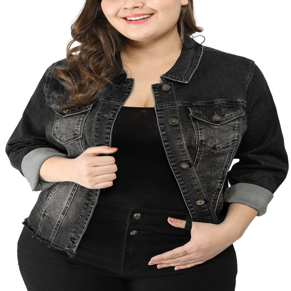  Women's Plus Size Outfits Classic Washed Front Frayed Denim Jacket