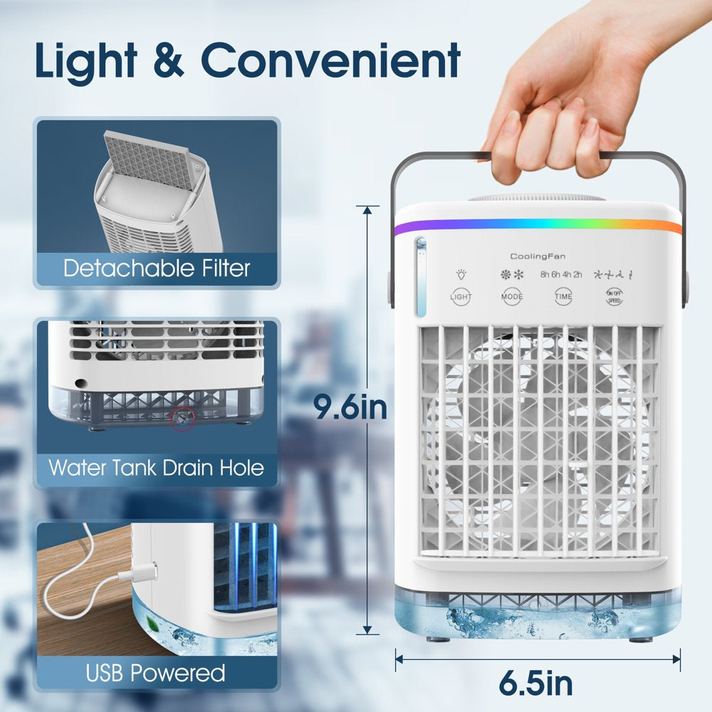 Doosl Portable Air Conditioner Fan, 700Ml Evaporative Air Cooler Fan with Cool Mist, 4 Speeds, Timer Function, 7 Colors Atmosphere Light, Personal AC Fan for Home Office Room, White