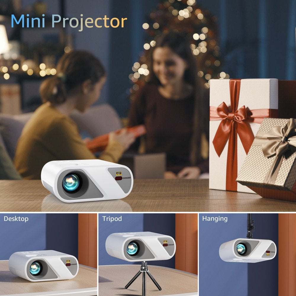 8500LM Mini Projector with Tripod, Full HD 1080P Portable Outddor Movie Projector,LCD Technology 300"Display Projector , White，Projector with Tripod