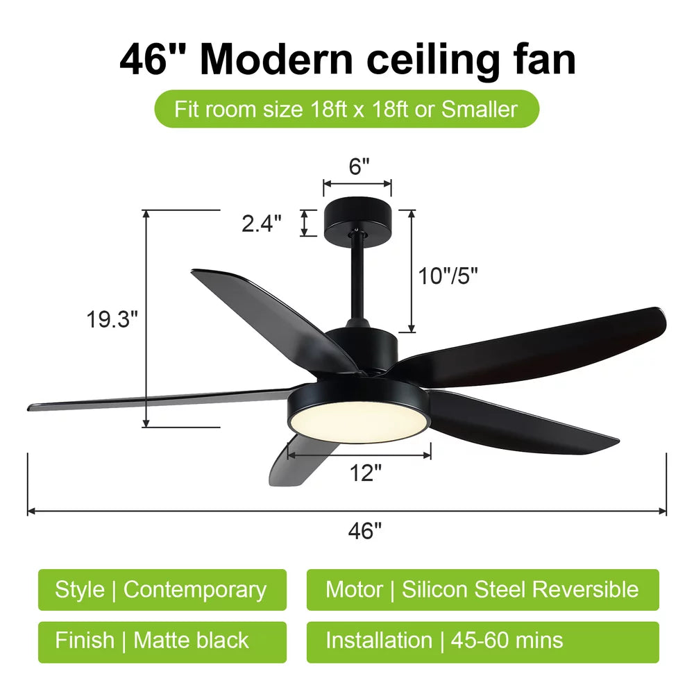 ALUOCYI 46 Inch Black Ceiling Fan with Light and Remote, Dimmable Led Memory Light Timing, Matte Black Indoor/Outdoor Ceiling Fan for Bedroom,Living Room