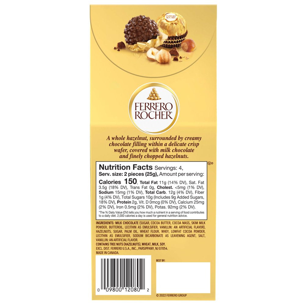 Ferrero Rocher, Premium Gourmet Milk Chocolate Hazelnut, Individually Wrapped Candy for Gifting, 3.5 oz