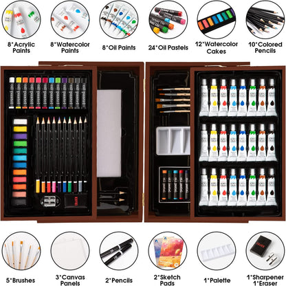  85 Piece , Vigorfun Deluxe Wooden Art Set Crafts Drawing Painting Kit with 2 Sketch Pads, Oil Pastels, Acrylic, Watercolor Paints, Creative Gifts Box for Adults Artist Kids Teens Girls