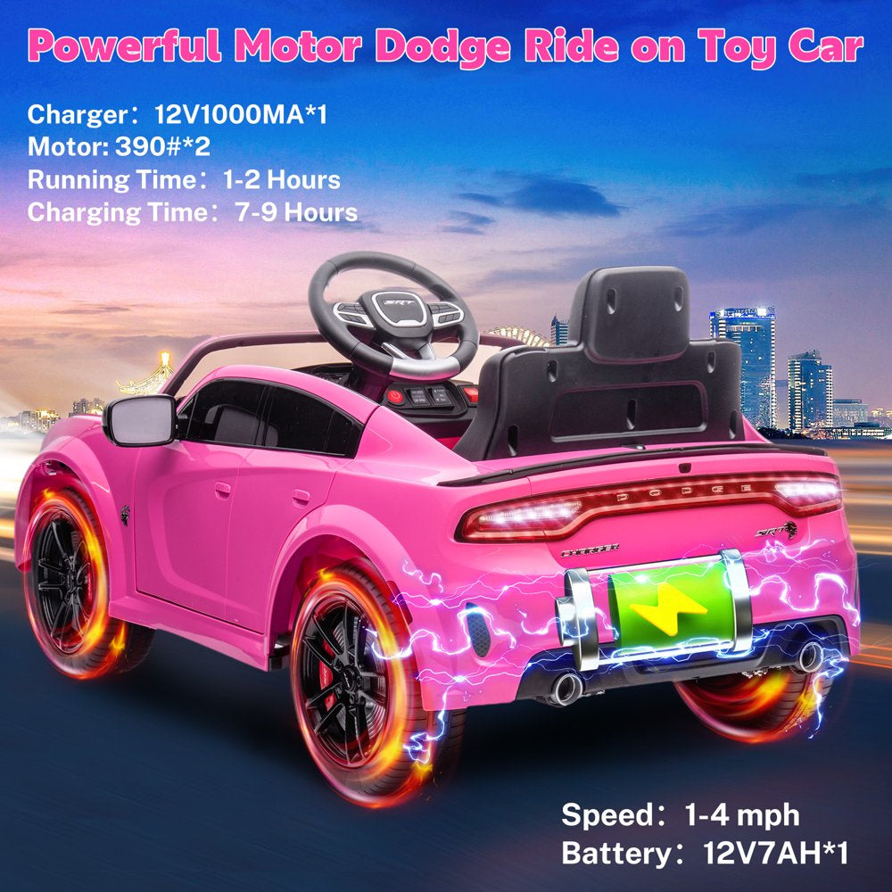 Dodge Electric Ride on Cars for Kids, 12 V Licensed Dodge Charger SRT Powered Ride On Toys Cars with Parent Remote Control, Electric Car for Girls 3-5 w/Music Player/LED Headlights/Safety Belt, Pink