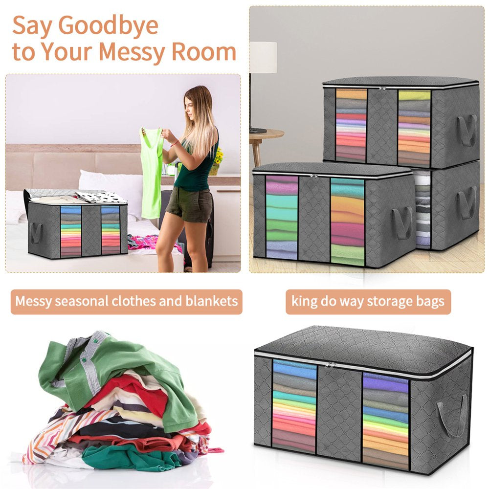 Closet Storage Bags Organizers, Large Clothing Storage Bags with Reinforced Handle, Foldable Clothes Storage Bags Closet Organizers, Blanket Storage Bags for Bedding, Clothes - 4 Pack