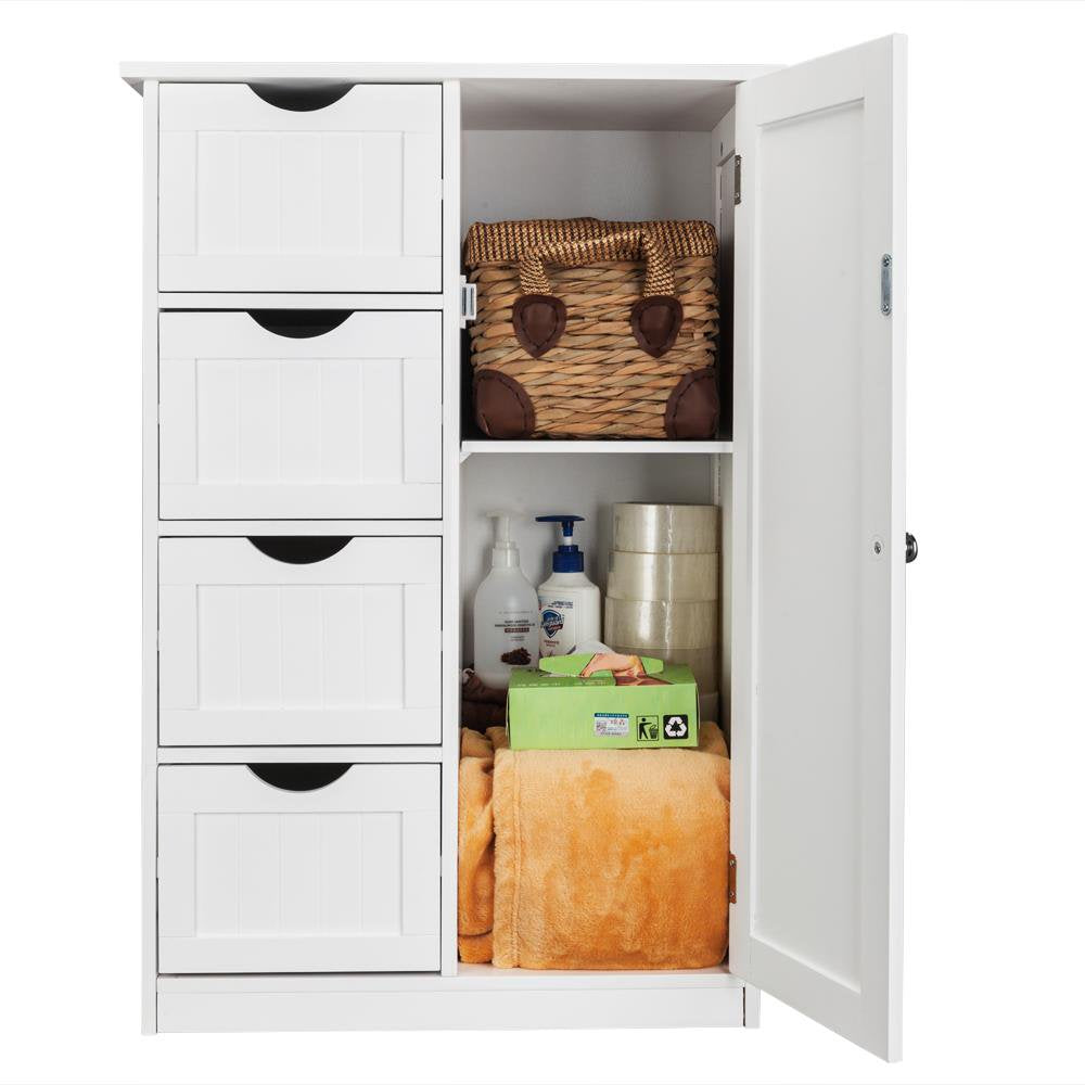 Wooden Bathroom Floor Cabinet,Side Storage Organizer Cabinet with 4 Drawers,1 Cupboard & 2-Shelves,Mdf,White