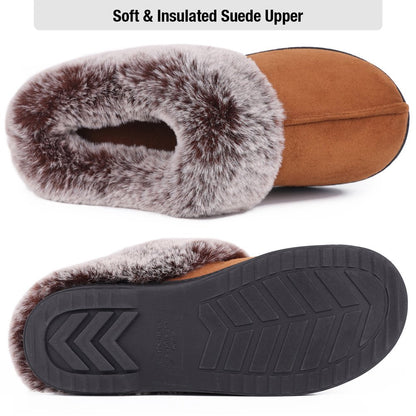 HomeTop Women's Classic Microsuede Memory Foam Slippers Durable Rubber Sole with Warm Faux Fur Collar