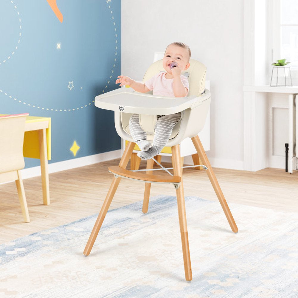 Babyjoy 3 in 1 Convertible Wooden High Chair Baby Toddler Highchair w/ Cushion Beige