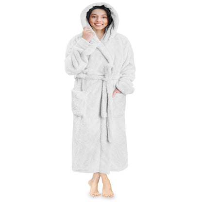 PAVILIA Women Hooded Plush Soft Robe | Fluffy Warm Fleece Sherpa Shaggy Bathrobe (S/M, Black)