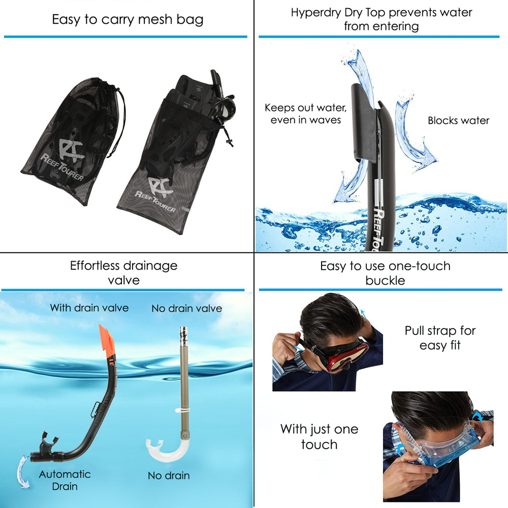 Reef Tourer Adult Single-Window Mask & Snorkel Combo Set, Black