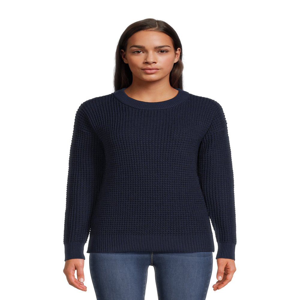 Time and Tru Women's Long Sleeve Waffle Crewneck Pullover Sweater