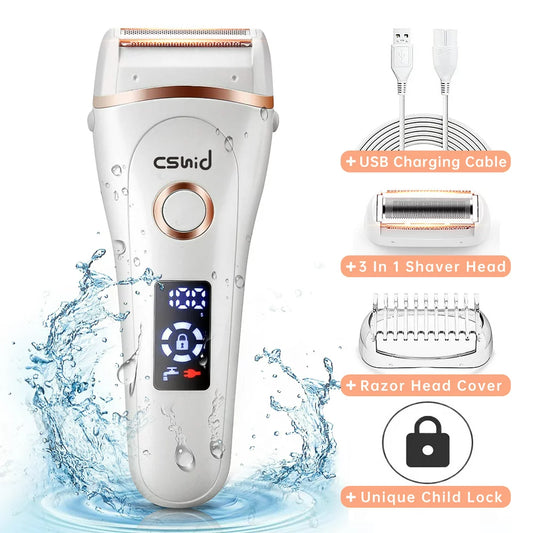 3 IN 1 Electric Razor for Women, Painless Lady Shaver Waterproof Wet & Dry USB Rechargeable Low Noise Body Hair Remover Epilator Bikini Trimmer Grooming Kit W/ LED Display for Leg Arm Armpit Underarms