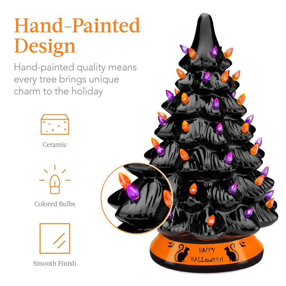  15in Pre-Lit Ceramic Tabletop Halloween Tree, Holiday Decoration w/ Orange & Purple Bulb Lights