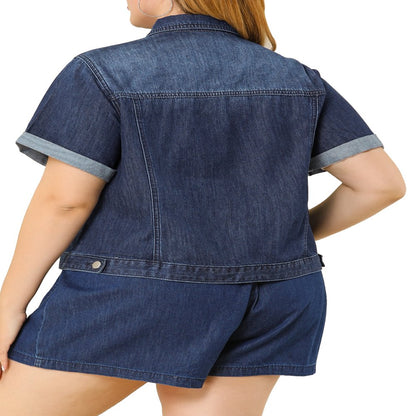  Plus Size Fall Button Down Crop Jean Trucker Denim Jacket