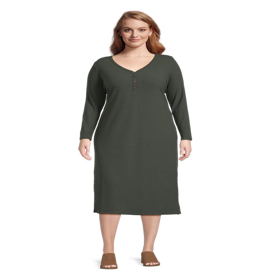  Women’S plus Rib Knit Jersey Henley Midi Dress