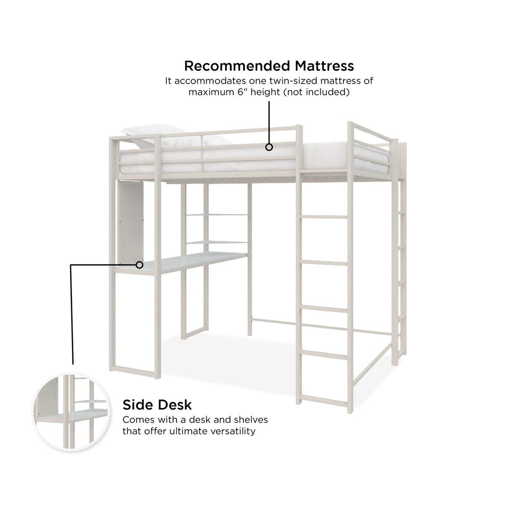 Teen Novogratz Hunter Full Size Metal Loft Bed with Desk, White