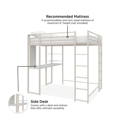 Teen Novogratz Hunter Full Size Metal Loft Bed with Desk, White