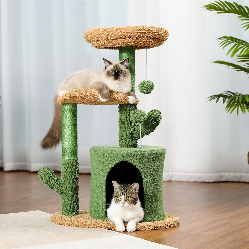 PAWZ Road 32" Cat Tree Tower with Cactus Sisal Scratching Posts Condo Perch for Indoor Small Cats, Green