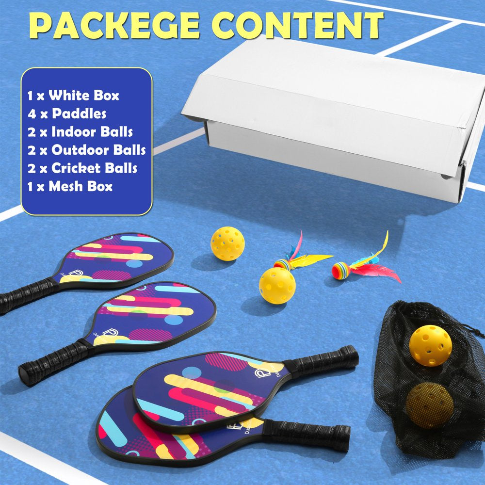  Wood Pickleball Paddles Set of 4 with Mesh Bag, 4 Pickleballs (Indoor/Outdoor) and 2 Cricket Balls, Classic 9-Ply Basswood Wooden Pickleball Rackets with Safe Edge Guard, Cushion Grip