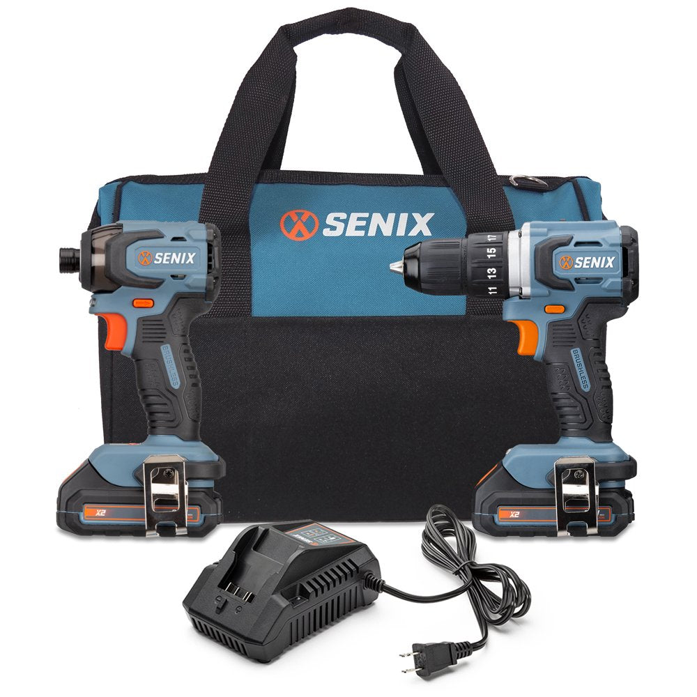 SENIX 20 Volt Max* 2-Tool Cordless Brushless Combo Kit, 1/2-Inch Drill Driver & 1/4-Inch Impact Driver (2 x Batteries and 1 x Charger Included), S2K2B2-01