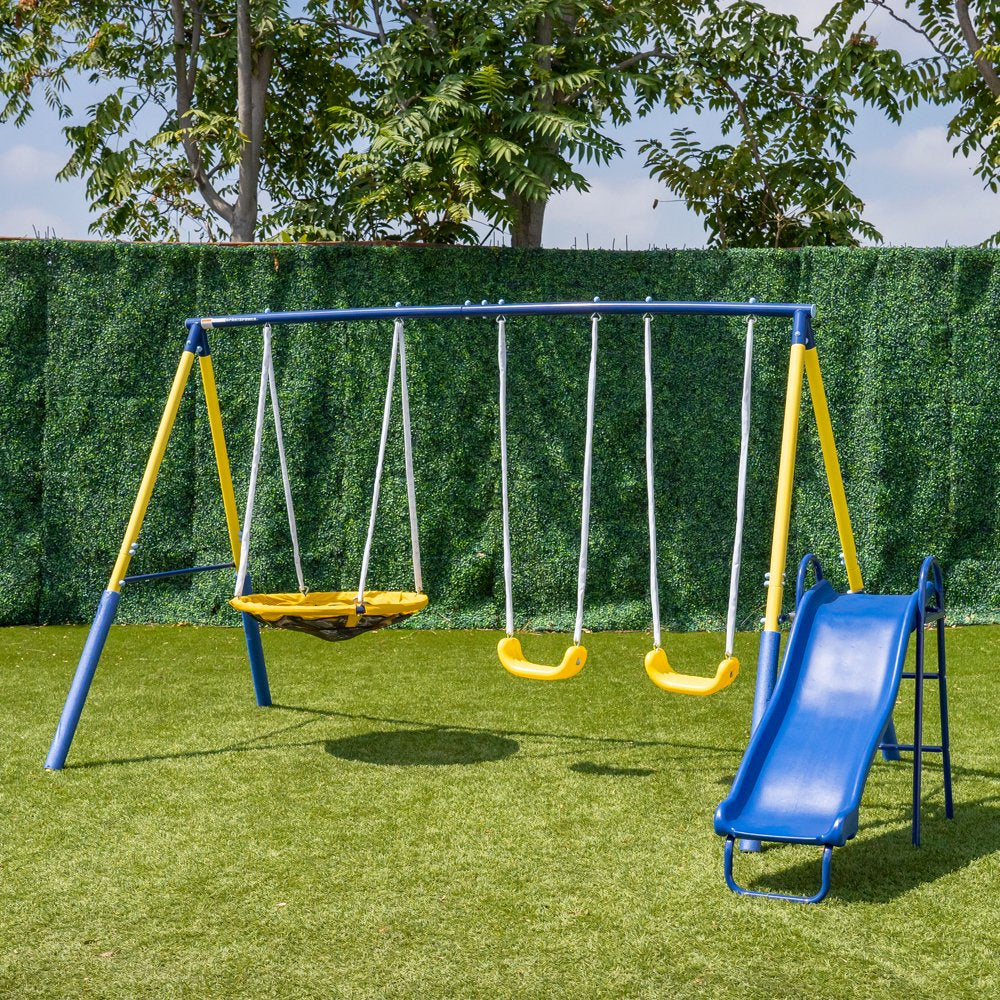 Sportspower Super Saucer Metal Swing Set with 2 Swings, Saucer Swing and a 1pc Heavy Duty Slide