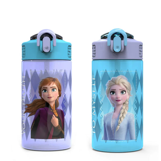 Zak Designs 2pc 16 oz Disney Kids Water Bottle Plastic with Push-Button Spout and Locking Cover, Frozen Anna Elsa