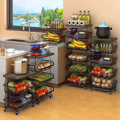 6-Tier Multifunction Fruit Vegetable Rack, Stackable Rolling Cart with Solid Wood, Kitchen Storage Rack