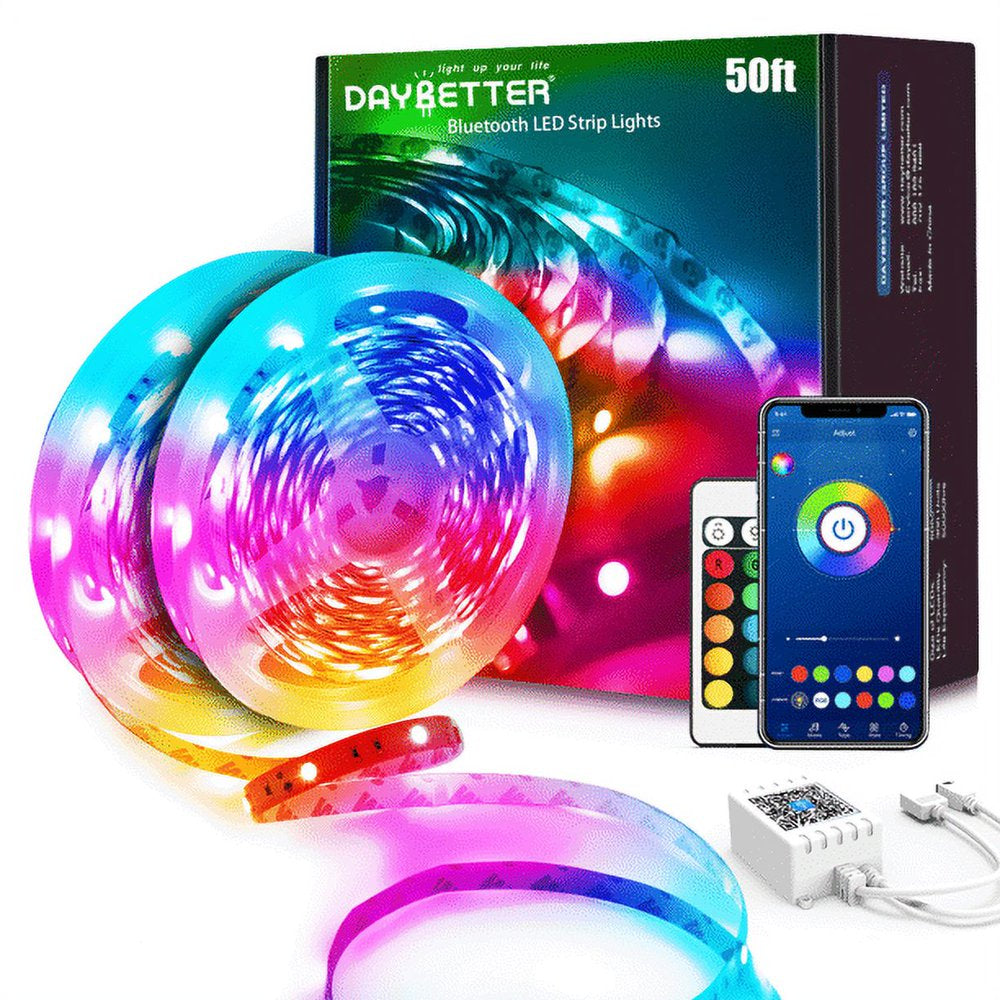 DAYBETTER 50ft Bluetooth LED Strip Lights,Music Sync 5050 LED Light Strip RGB with Remote Control,Timer Schedule,Color Changing Led Lights for Bedroom(APP+Remote +Mic)