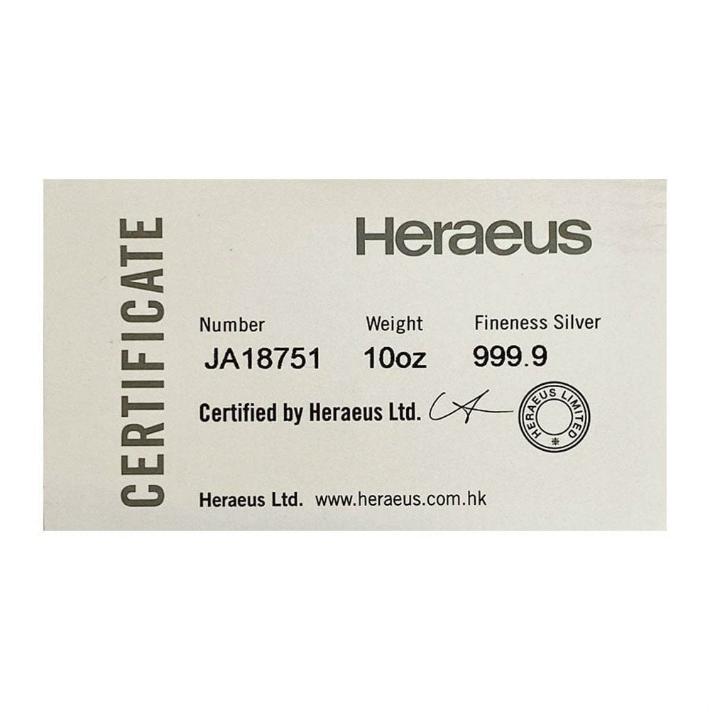 10 oz Heraeus Silver Bar .9999 Fine (w/COA)