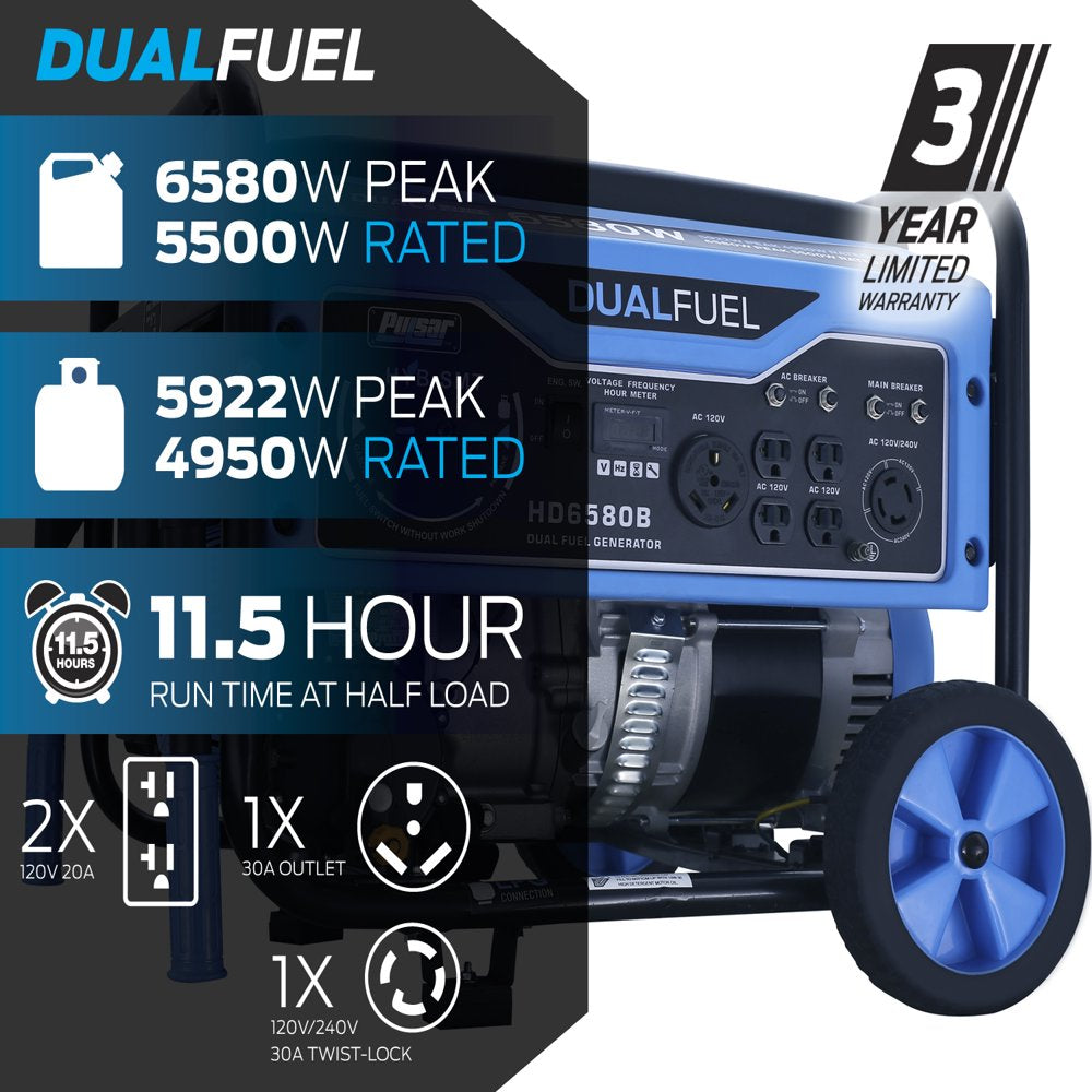 Pulsar 6580-Watt Dual Fuel Portable Generator HD6580B - CARB Compliant