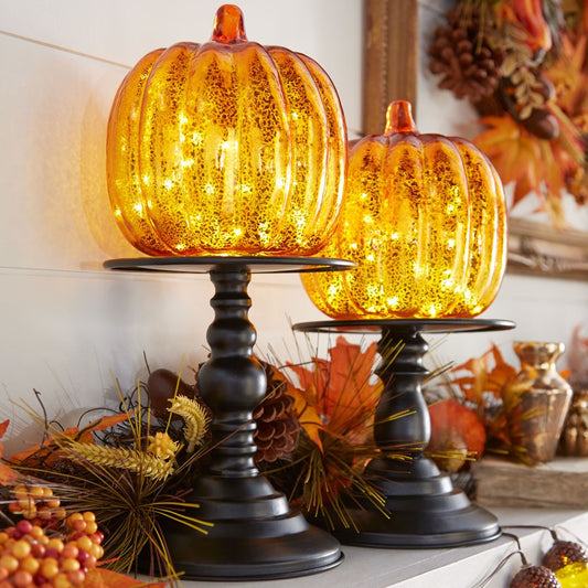 Brylanehome 11"H X 6"Diam. Pre-Lit Glass Pumpkin on Stand, Orange Fall Decor Light up Decoration