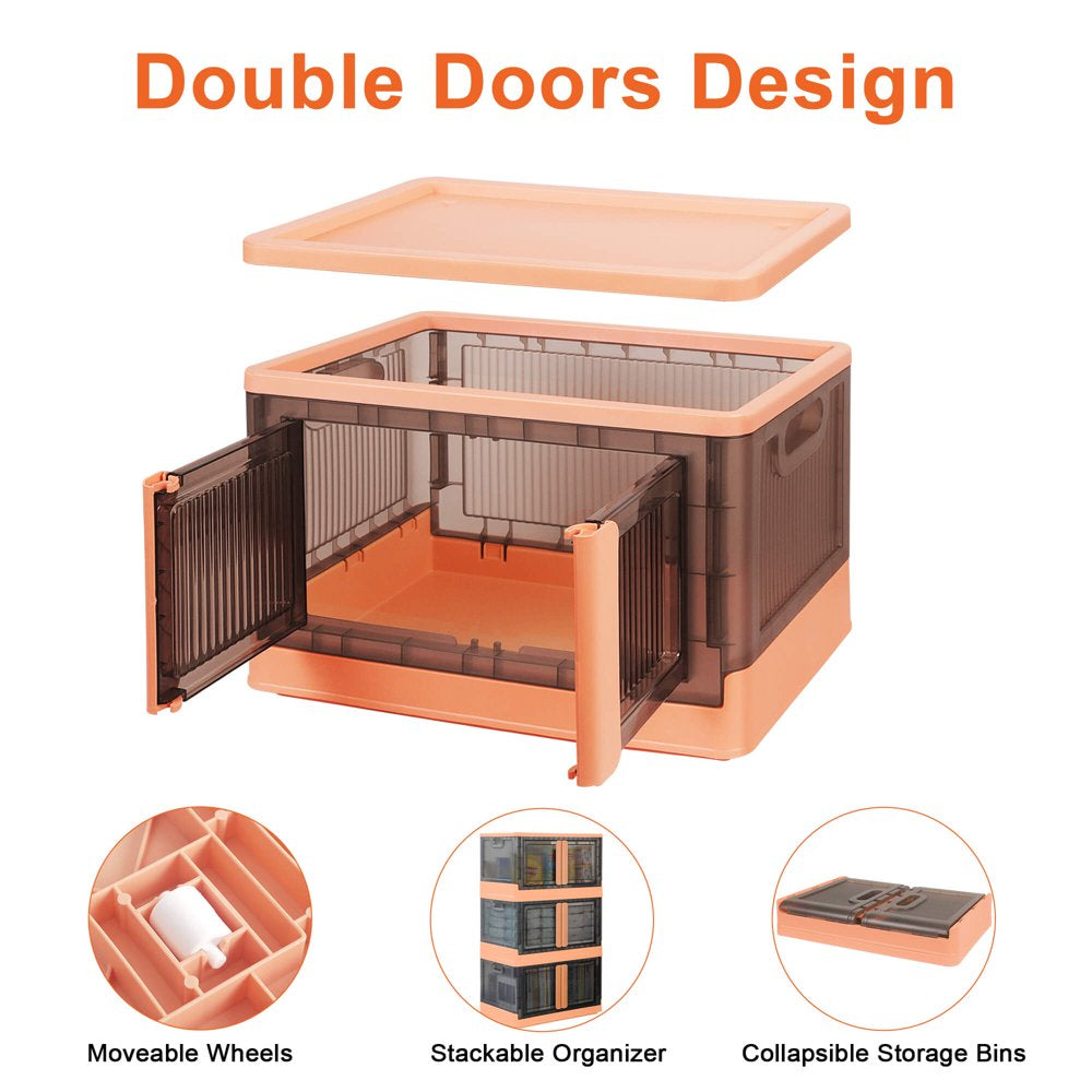 Stackable Plastic Closet Organizer Bins with Lids, 19Gal Clear Storage Container for Toys, Folding Cloth Storage Bins with Wheels for Organizing, Collapsible Bathroom Storage Cabinet Boxes, Orange