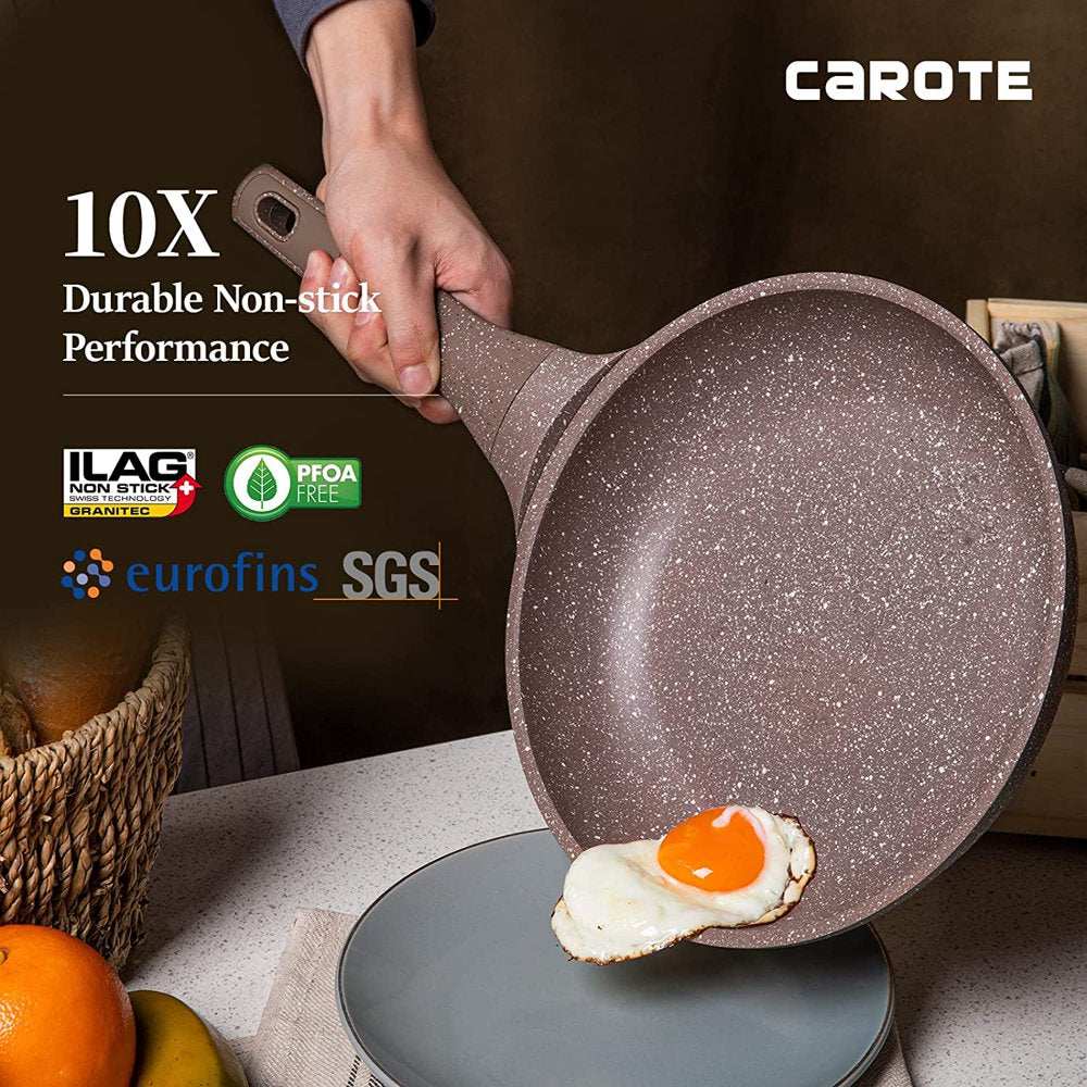 Carote Nonstick Granite Cookware Sets, 9 Pcs Brown Granite Pots and Pans Set, Induction Stone Kitchen Cooking Set