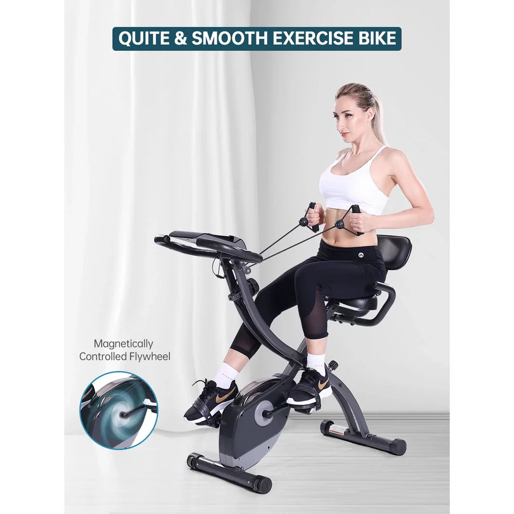 3-in-1 Exercise Bike Quiet Folding Magnetic Stationary Exercise Bike Upright Exercise Bikes with Arm Resistance Bands Home Use